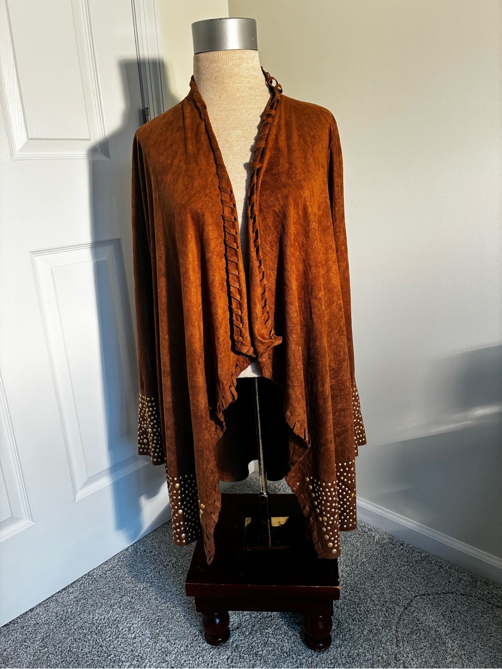 Women's Brown Open-Front Studded Hem Draped Cardigan